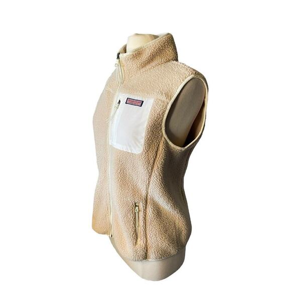 Vineyard Vines Fleece Vest Sherpa Patch Pocket Medium Tan White Full Zip - Picture 2 of 8